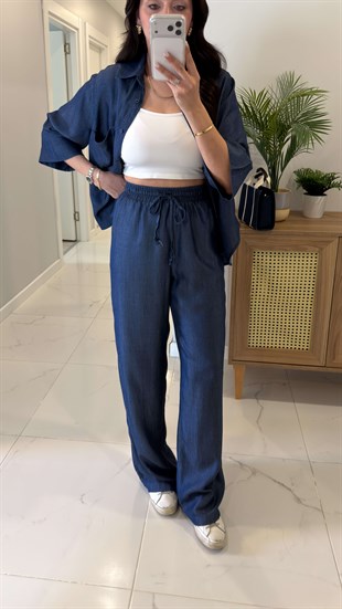 Oxford Koyu Mavi Yarım Kol Tensel Denim Takım