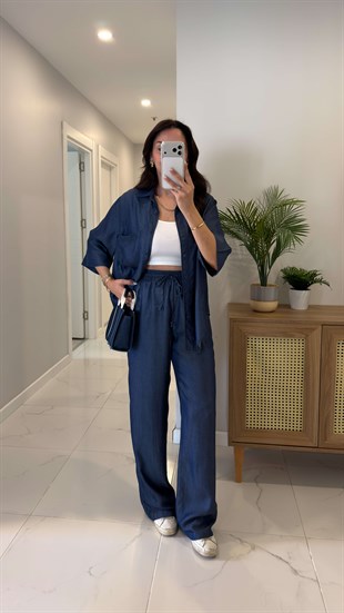 Oxford Koyu Mavi Yarım Kol Tensel Denim Takım