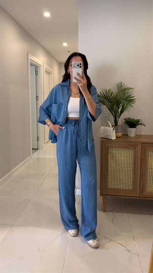 Oxford Orta Mavi Yarım Kol Tensel Denim Takım