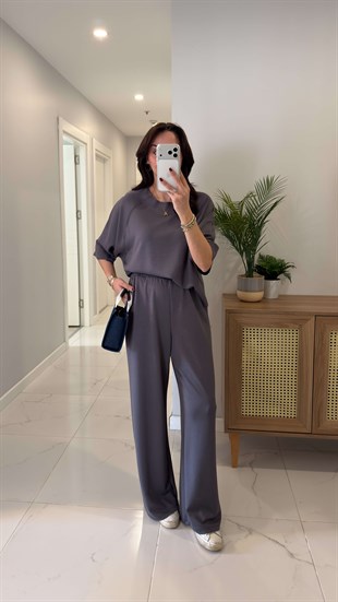 Oysh Virasta Gri Dikiş Detaylı Bluz Pantolon Takım
