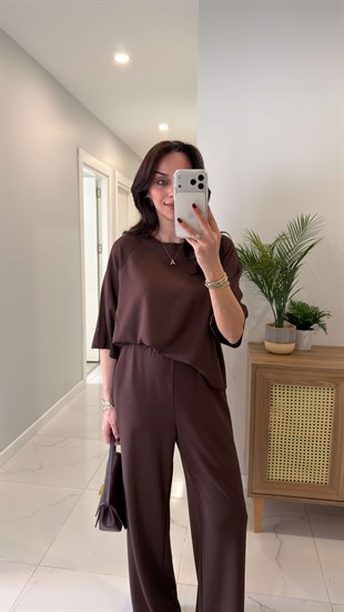 Oysh Virasta Kahve Dikiş Detaylı Bluz Pantolon Takım