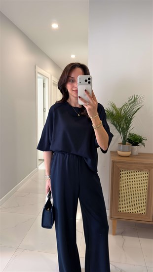 Oysh Virasta Lacivert Dikiş Detaylı Bluz Pantolon Takım