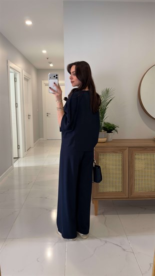 Oysh Virasta Lacivert Dikiş Detaylı Bluz Pantolon Takım
