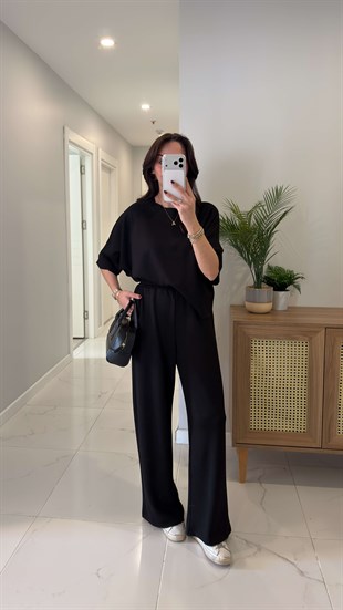 Oysh Virasta Siyah Dikiş Detaylı Bluz Pantolon Takım