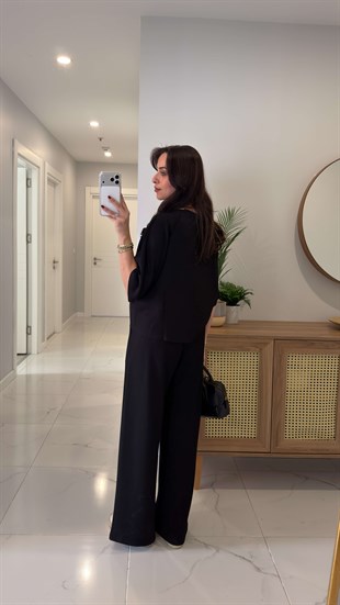 Oysh Virasta Siyah Dikiş Detaylı Bluz Pantolon Takım