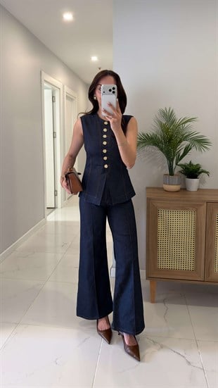 Palliye Lacivert Gold Düğme Detaylı Denim Yelek Pantolon Takım