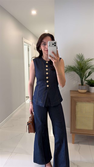 Palliye Lacivert Gold Düğme Detaylı Denim Yelek Pantolon Takım