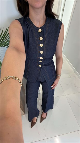 Palliye Lacivert Gold Düğme Detaylı Denim Yelek Pantolon Takım
