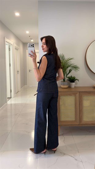 Palliye Lacivert Gold Düğme Detaylı Denim Yelek Pantolon Takım