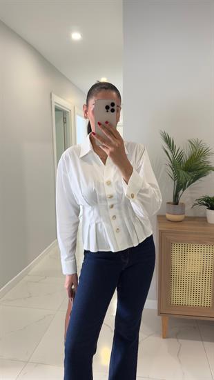 Palma Ekru Gold Düğme Detaylı Pileli Gömlek