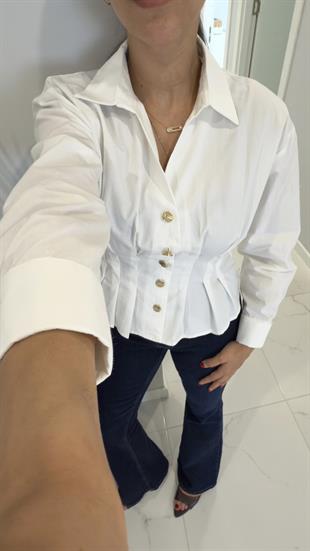 Palma Ekru Gold Düğme Detaylı Pileli Gömlek