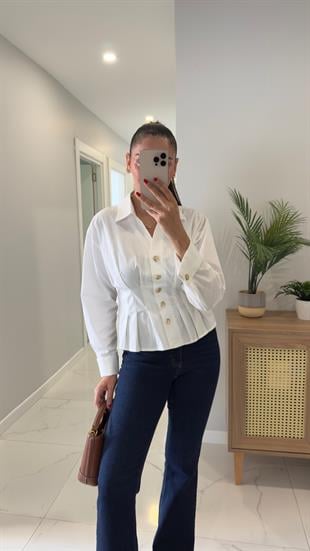 Palma Ekru Gold Düğme Detaylı Pileli Gömlek