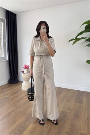 Pani Bej Cep Detaylı Kuşaklı Tulum