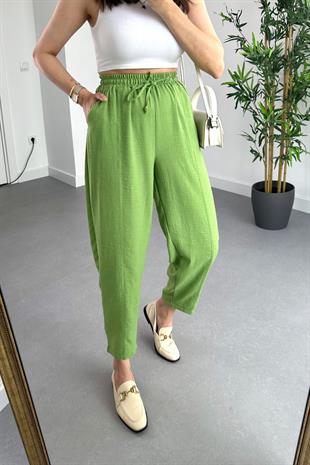 Vovi Yeşil Beli Lastikli Keten Pantolon