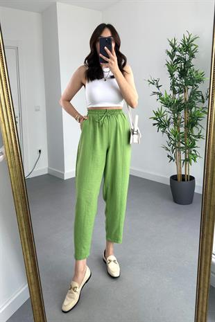 Vovi Yeşil Beli Lastikli Keten Pantolon