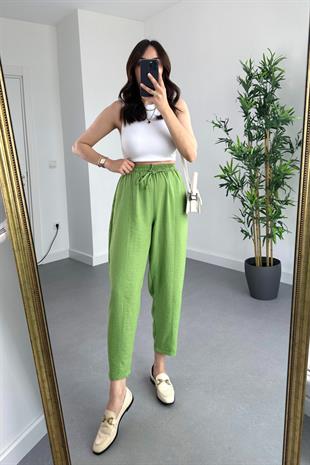 Vovi Yeşil Beli Lastikli Keten Pantolon