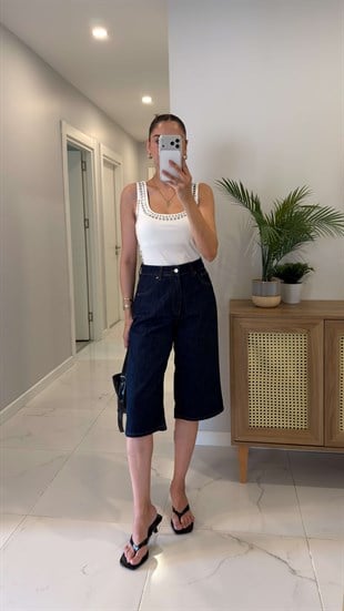 Pearl  Dark Blue Baggy Fit  Bermuda Şort