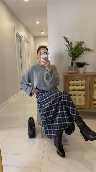 Pegra Gri Bisiklet Yaka Oversize Triko