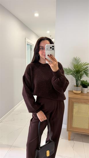 Pegra Kahve Bisiklet Yaka Oversize Triko