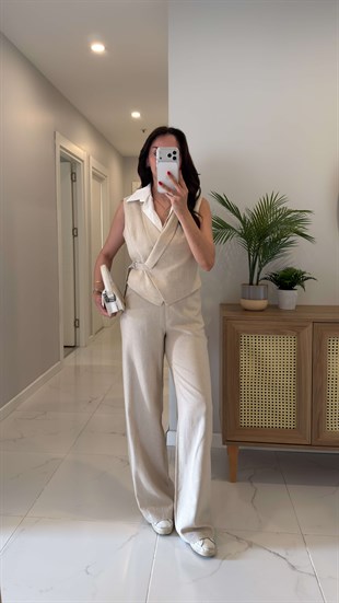Penas Taş Gömlek Detaylı Yelek Pantolon Takım