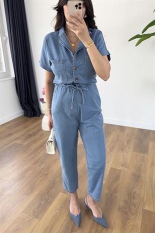 Penka Mavi Kuşaklı Denim Tulum