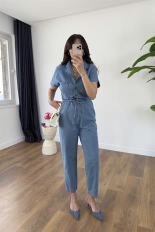 Penka Mavi Kuşaklı Denim Tulum