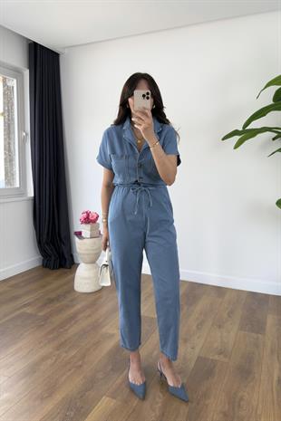 Penka Mavi Kuşaklı Denim Tulum