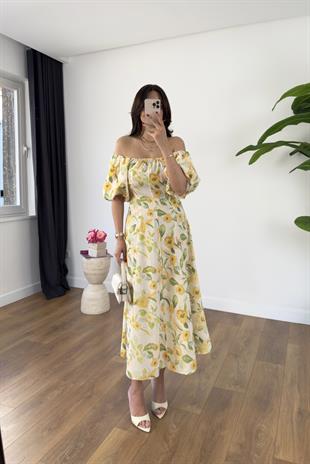 Pera Çok Renkli Balon Kol Maxi Boy Elbise