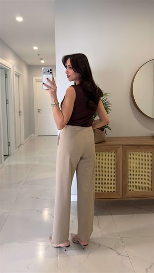Perin Bej Beli Lastik Detaylı  Pantolon