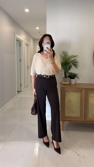 Perin Kahve Beli Lastik Detaylı  Pantolon