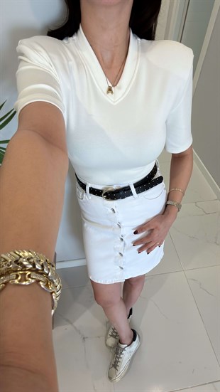 Peritta Ekru Vatkalı Çıtçıtlı Bluz