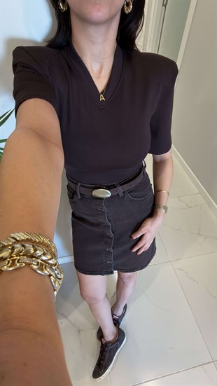 Peritta Kahve Vatkalı Çıtçıtlı Bluz