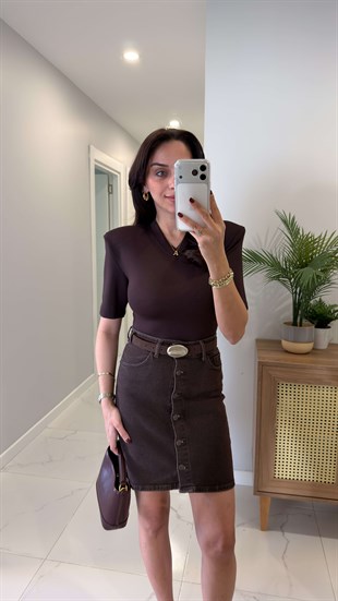 Peritta Kahve Vatkalı Çıtçıtlı Bluz