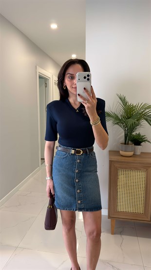 Peritta Lacivert Vatkalı Çıtçıtlı Bluz