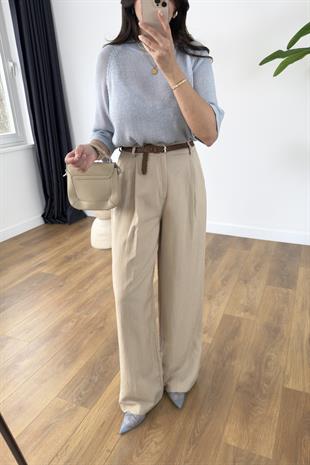 Perla Bej Premium Kemerli Pantolon