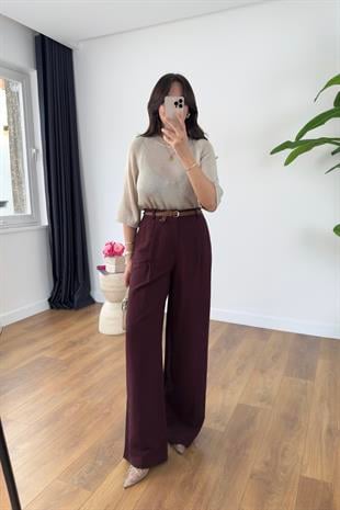 Perla Bordo Premium Kemerli Pantolon