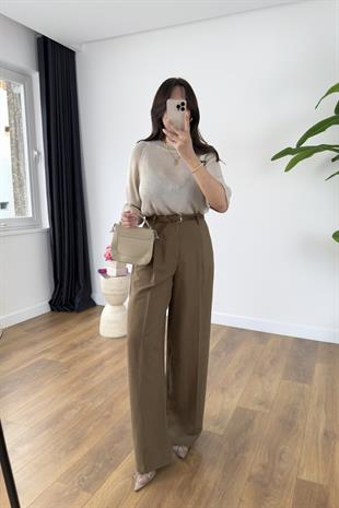 Perla Kahve Premium Kemerli Pantolon