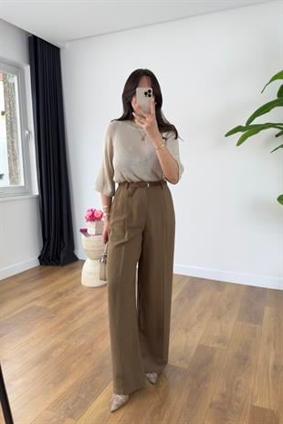 Perla Kahve Premium Kemerli Pantolon