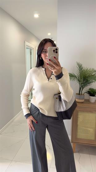 Perosala Vanilya Antrasit Düğme Detaylı Triko