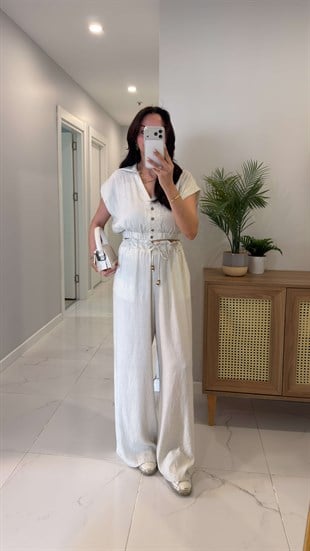 Perowe Ekru Polo Yaka Bluz Pantolon Takım