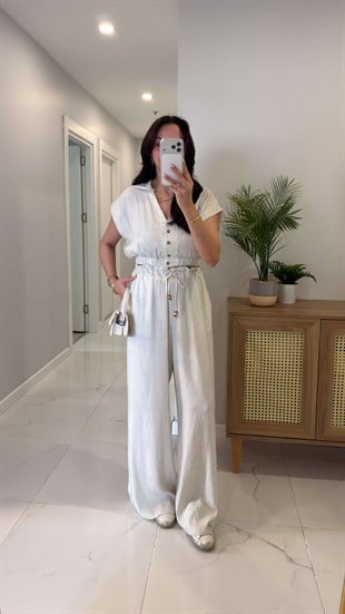 Perowe Ekru Polo Yaka Bluz Pantolon Takım