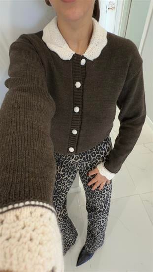 Persala Kahve Melanj Krem Bebe Yakalı Hırka