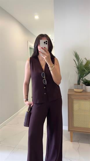 Perstone Bordo Düğme Detaylı Yelek Pantolon Takım