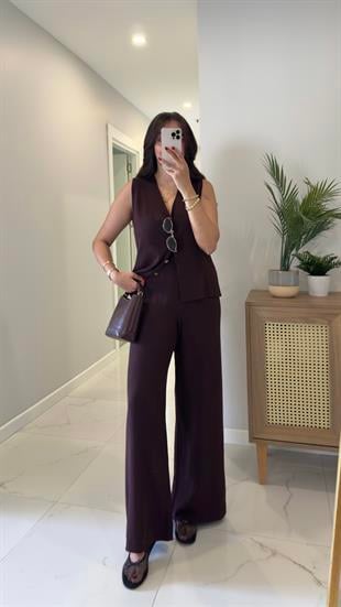 Perstone Bordo Düğme Detaylı Yelek Pantolon Takım