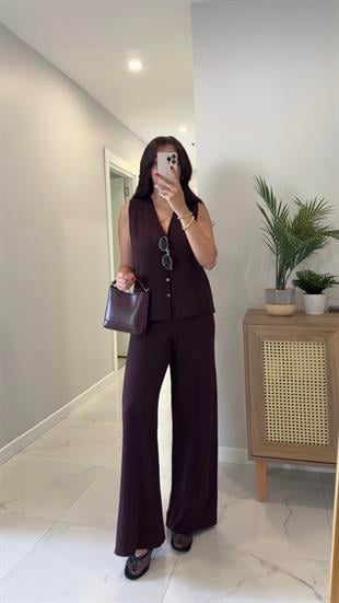 Perstone Bordo Düğme Detaylı Yelek Pantolon Takım