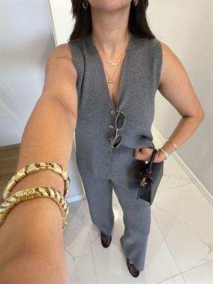 Perstone Gri Düğme Detaylı Yelek Pantolon Takım