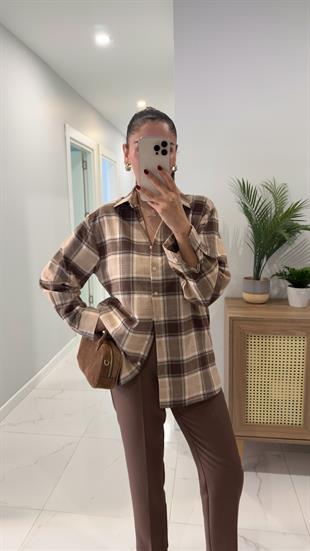 Petre Kahve Bej Düğmeli Oduncu Gömlek