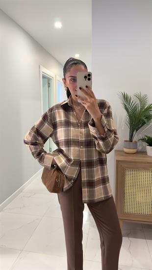 Petre Kahve Bej Düğmeli Oduncu Gömlek