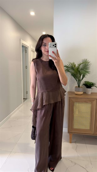 Petriz Kahve Garnili Bluz Pantolon Takım