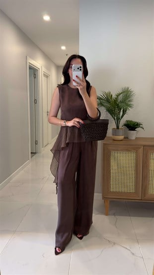 Petriz Kahve Garnili Bluz Pantolon Takım